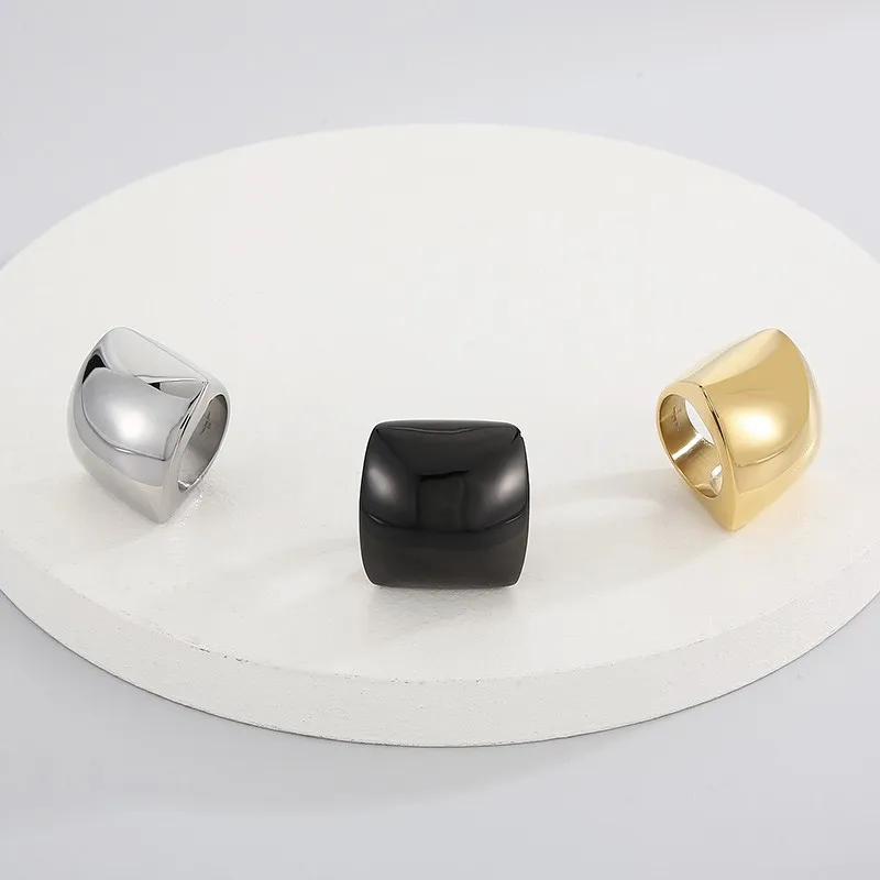 Elegant Multi-Tone Stainless Steel Wide Band Ring for Women - Glossy Geometric Jewelry Gift