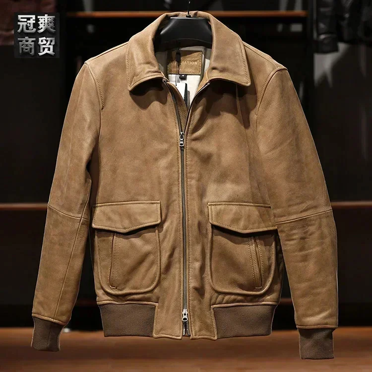 Chaqueta de piel de vaca de primera capa para hombre, estilo antiguo, informal, elegante, con solapa, estilo A1, de alta gama, 2024