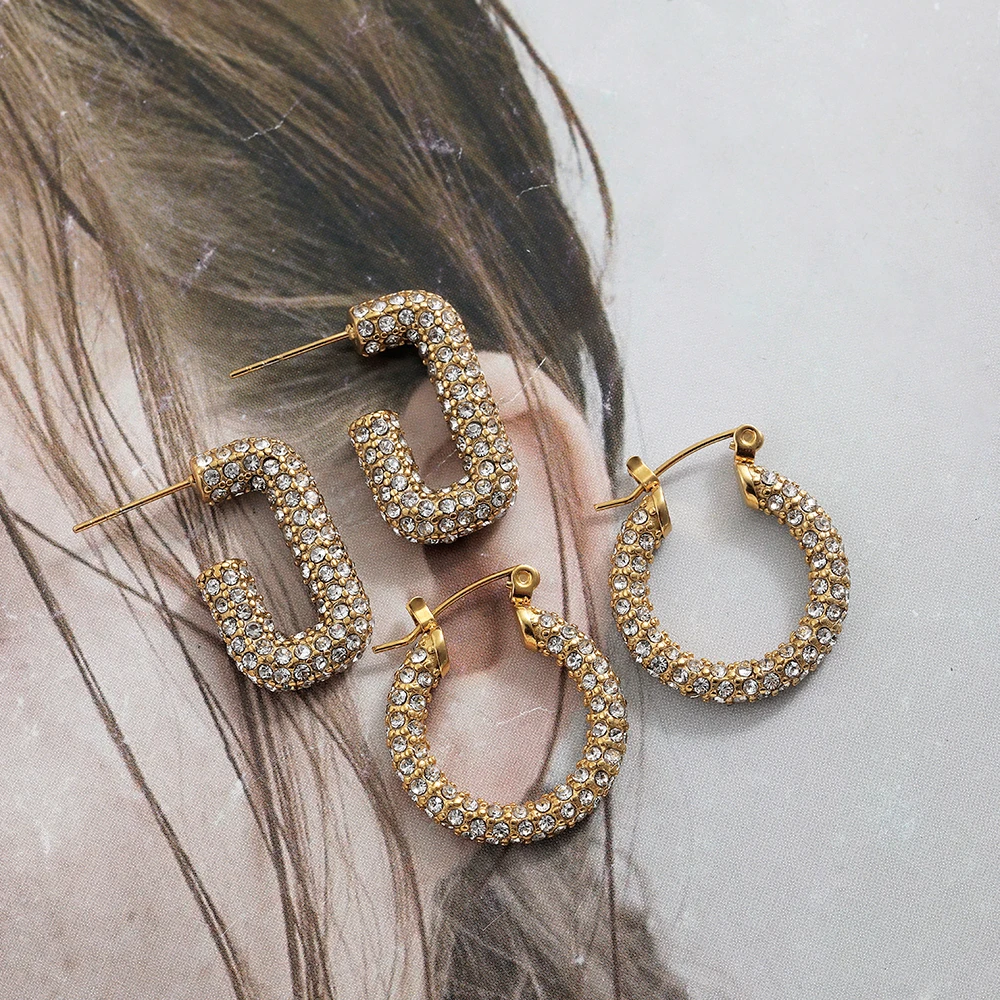 Summer New Punk Pearl Geometrice Twist Huggie Hoop Earrings Women Shiny Rhinestone CZ Chunky Ear Buckle Retro Aesthetics Jewelry