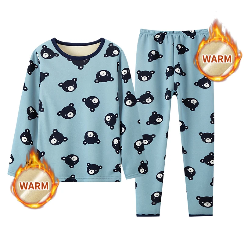 2 pieces of children's autumn and winter plus velvet warm fashion printed long-sleeved trousers suit boys and girls pajamas unde children underwear suits children clothes