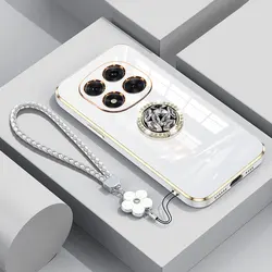 Luxury Shockproof Phone Case with Diamond Ring Holder and Lanyard for Redmi Note15 pro (Beige)