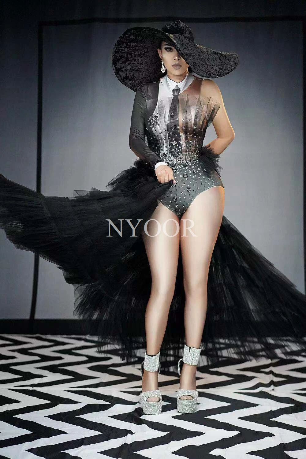 New Black Tailing Rhinestones Bodysuit Women Singer Stage Costume Party Show Dancer Performance Clothes Birthday Prom Outfit