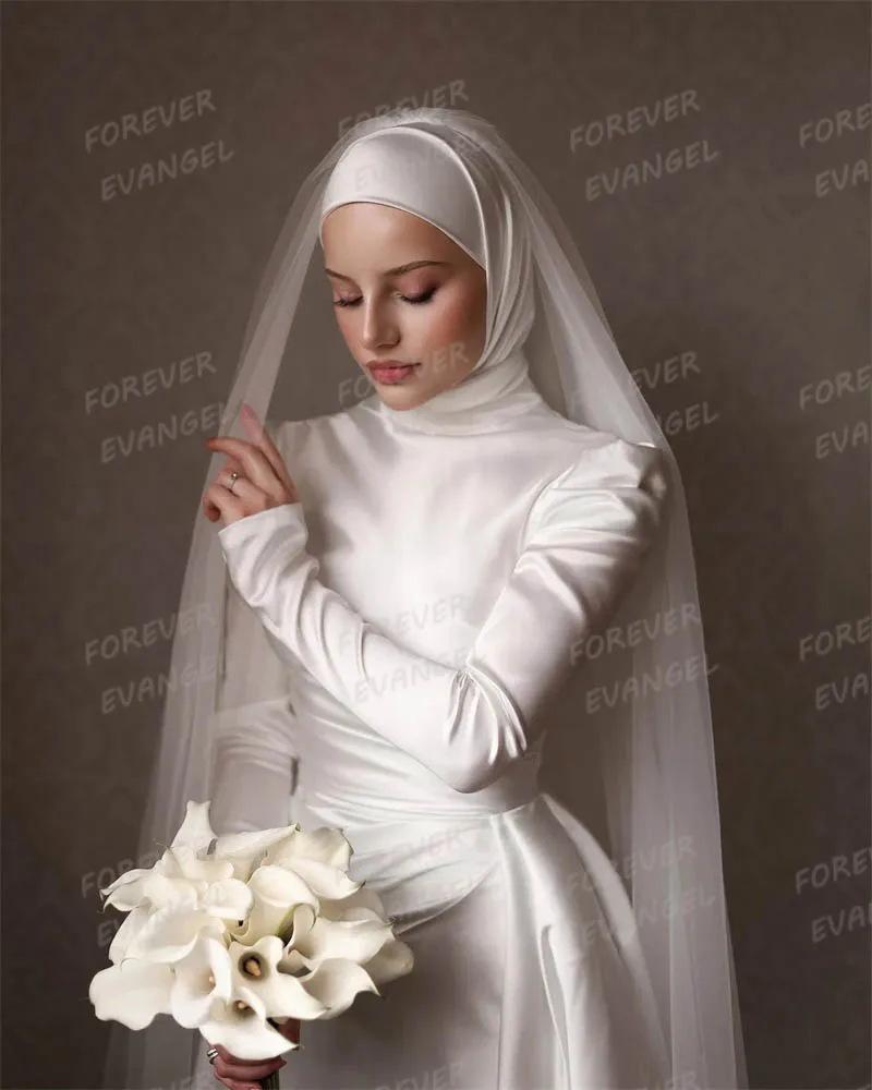 Luxury Muslim Wedding Dresses Mermaid Woman's Long Sleeve High Neck Satin Formal Bride Gowns Elegant Vestido De Novia Customized 4