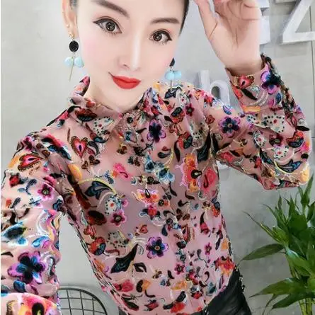 Camisas de terciopelo con flores para mujer, blusas de manga larga  ahuecadas de terciopelo, blusas de leopardo para mujer|Blusas y camisas| -  AliExpress