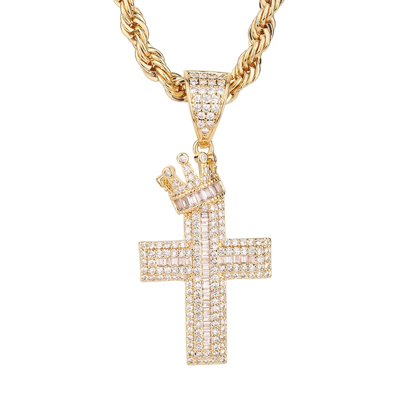 Direct Sale  Hip Hop 14k Gold Plated crown cross Zircon copper pendant charm 5