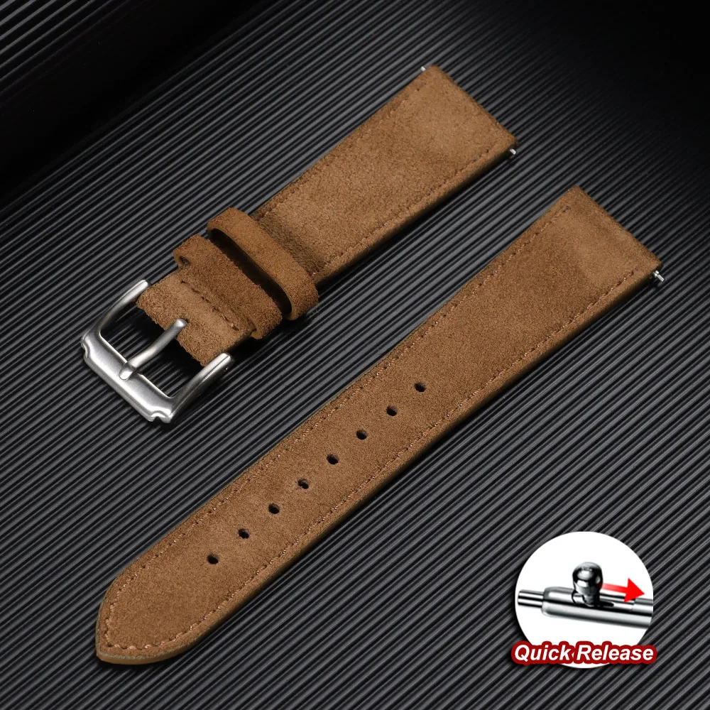 Vintage Suede Leather Quick Release Watch Strap with Calfskin Band and Classic Pin Buckle
