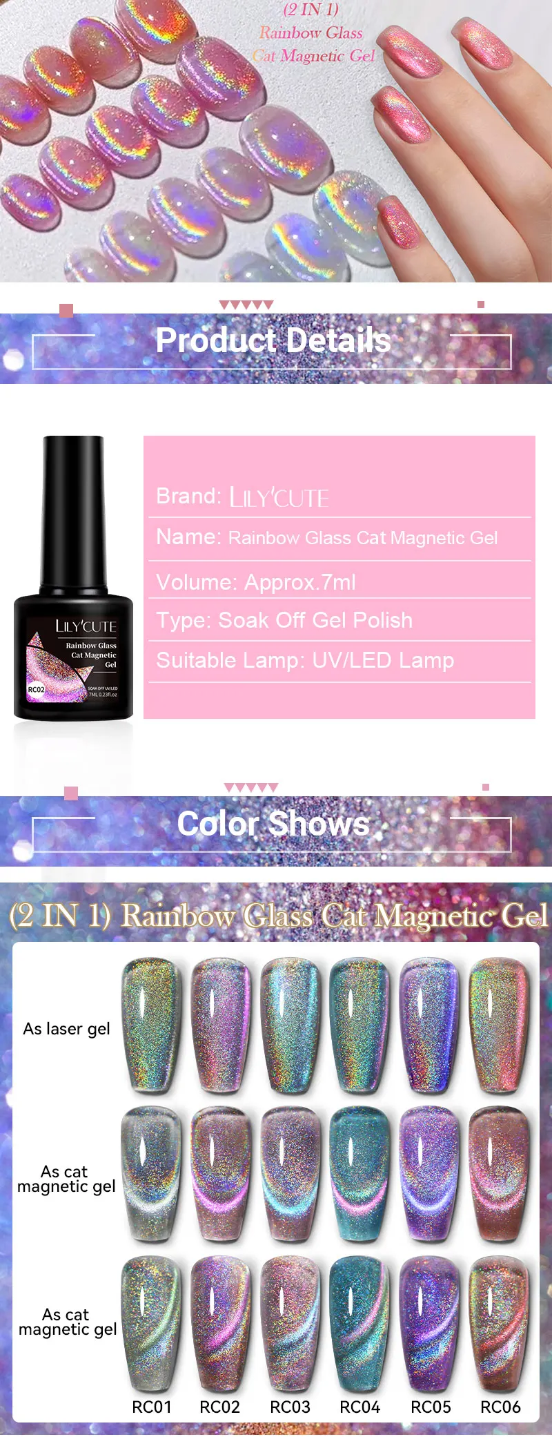 Description Picture 2 of itemLILYCUTE 7ML Sparkling Glitter Rainbow Cat Magnetic Gel Nail Polish 9D Colorful  Semi Permanent Soak Off Nail Art UV Gel Varnish