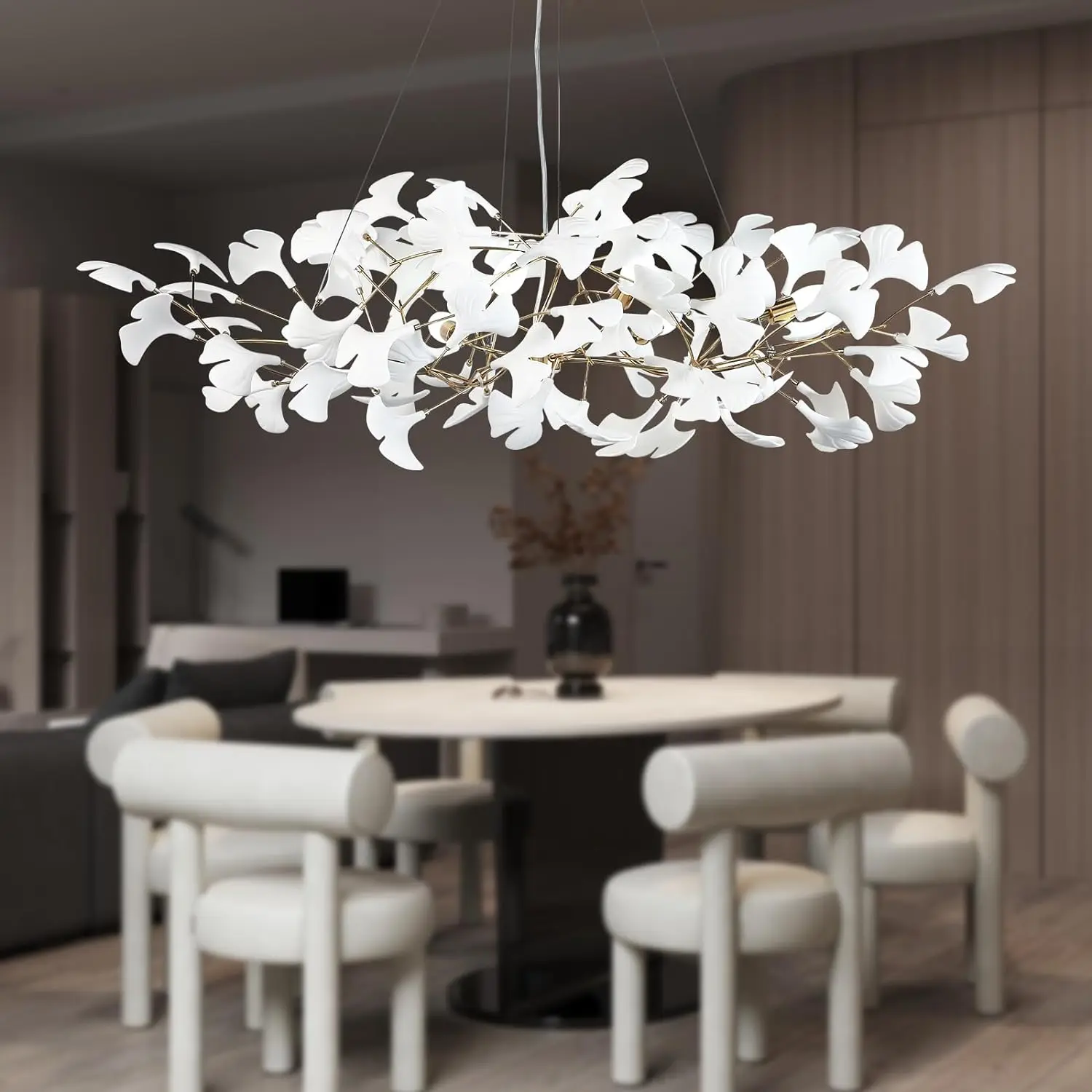 

Chandeliers for Dining Room - 47 Inch Tree Branch Art Deco Chandelier, White Rectangular Brass Chandeliers with Ginkgo Leaves
