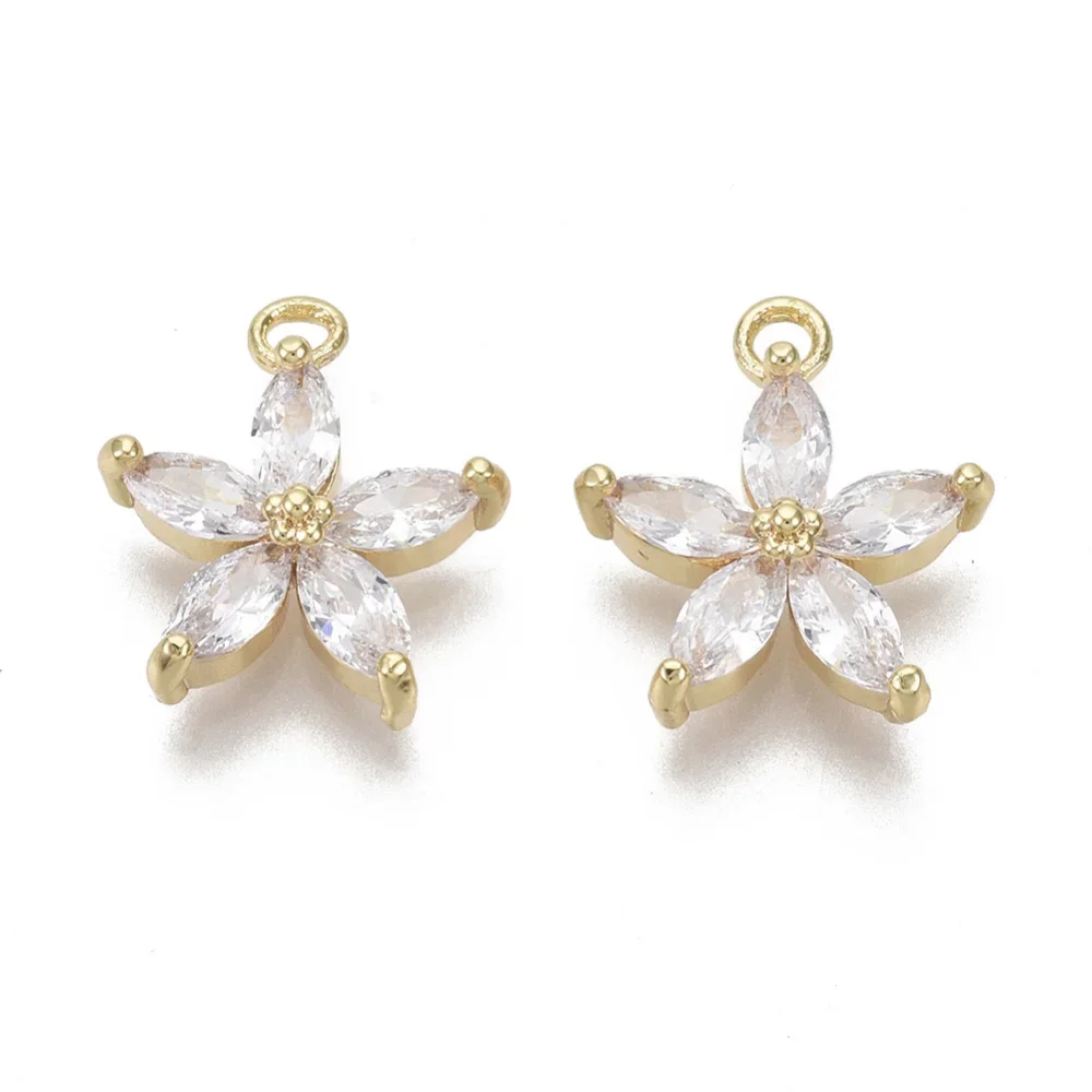

Brass Micro Pave Cubic Zirconia Charms Nickel Free Real 18K Gold Plated Flower Clear 14x12x3mm Hole: 1.5mm