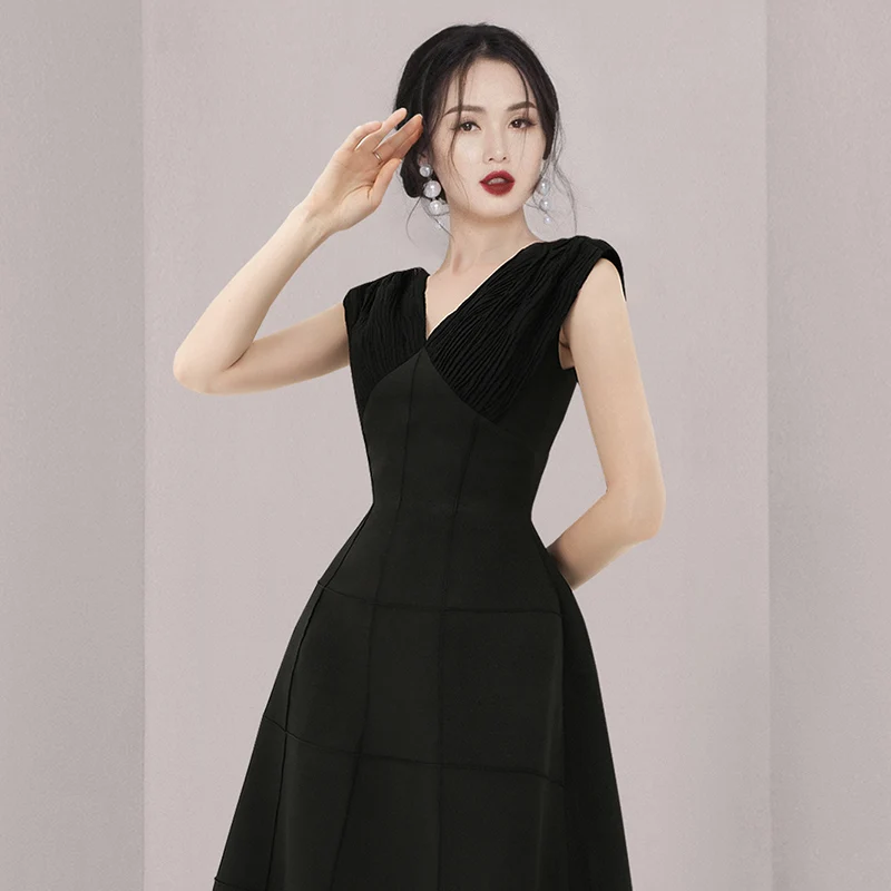 JSXDHK 2023 New Summer Black Sleeveless Ball Gown Dress Runway Elegant Women  V Neck Slim High Waist Ladies Party Midi Vestidos - AliExpress