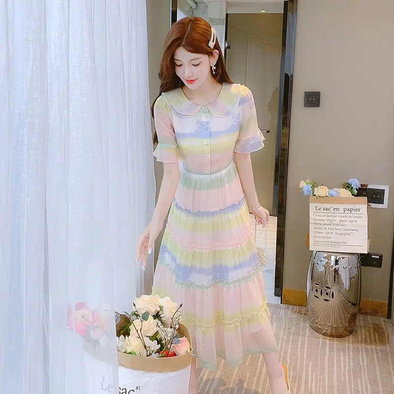 스위트 패치워크 그물 실 긴 원피스, 우아한 슬림 버튼 여성 의류, 여성 패션 반팔 풀오버 드레스, 여름 