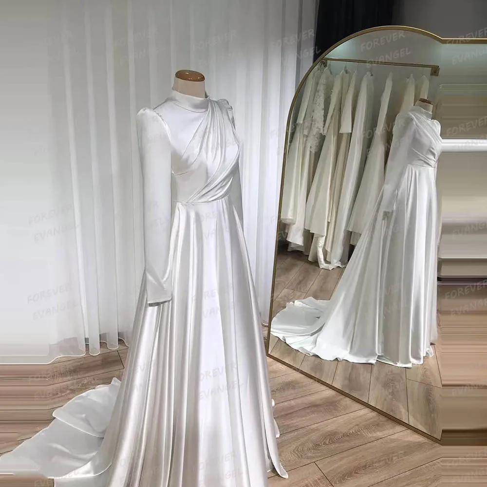 Formal A Line Wedding Dresses Woman's High Neck Bride Gowns Pleat Satin Long Sleeve Muslim Vestidos De Novia 2025 Customized 2