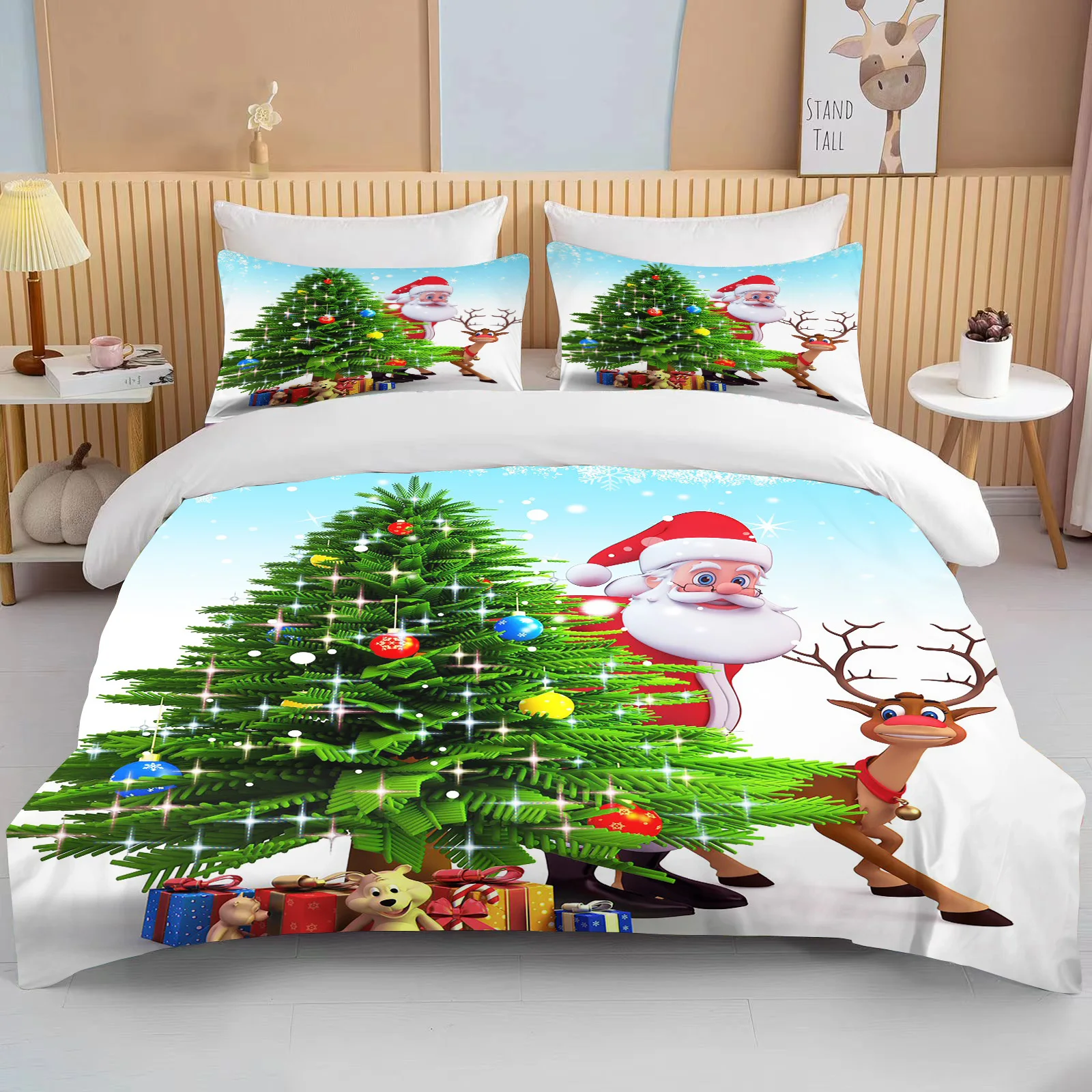 

Christmas Duvet Cover Single Twin For Boy Girl Cartoon Snowman Santa Claus Blue Bedding Set Polyester Christmas Tree Quilt Cover