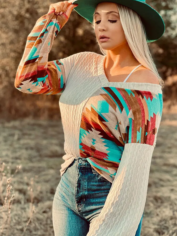 

Vintage Aztec Graphic Print Long-Sleeved Sweater AZTEC Patchwork Wide Sleeve Top