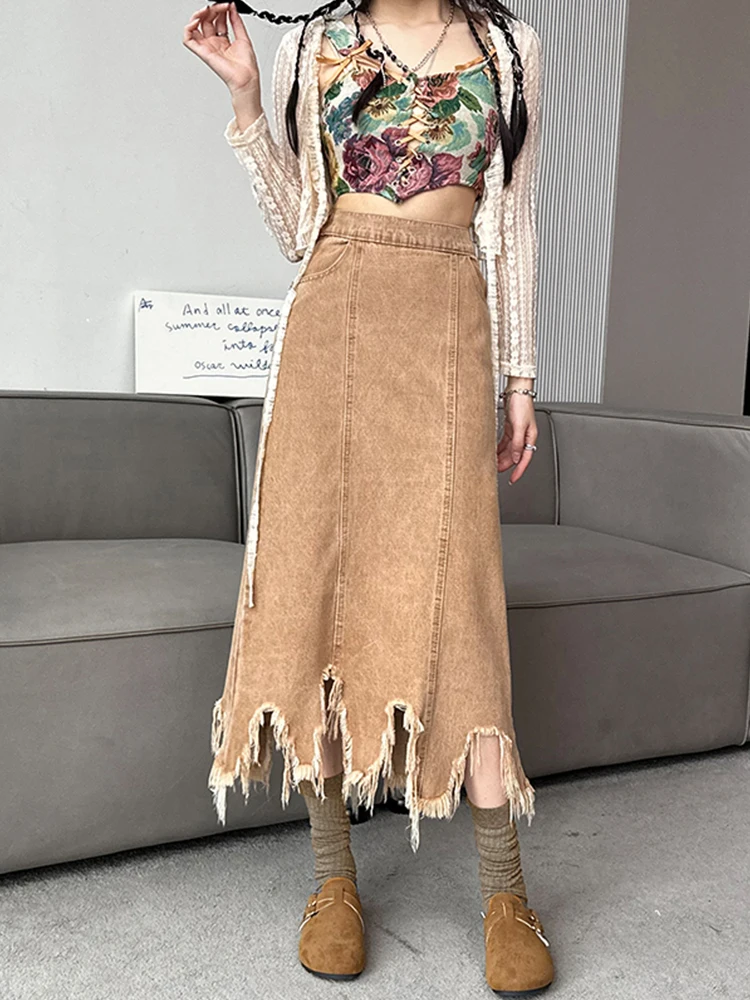 

FTLZZ Summer Women Casual Empire Slim Midi Skirt Vintage Lady Asymmetric Tassel Denim Skirt High Street A-line Denim Skirt