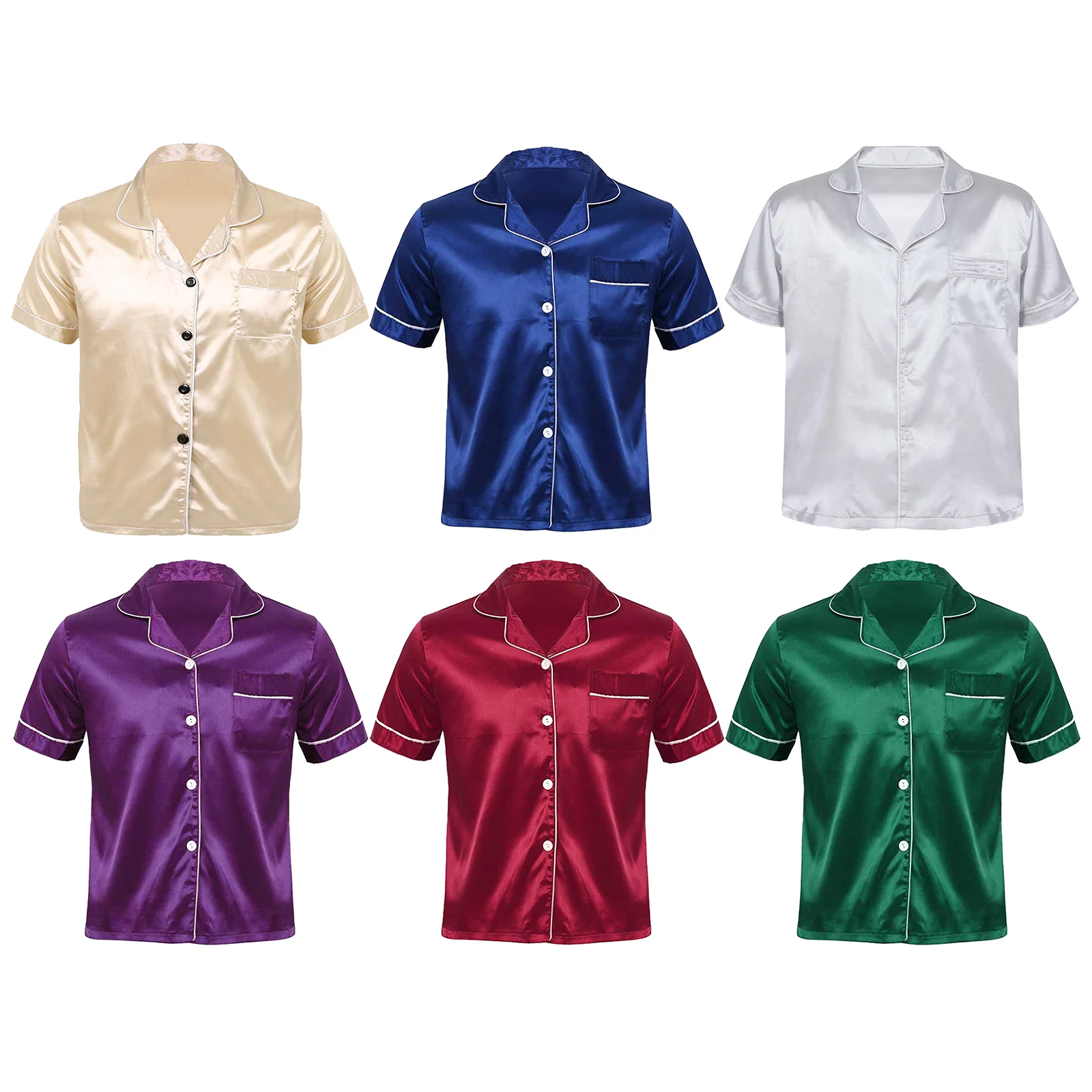 

Mens Silky Satin Pajamas Shirts Summer Short Sleeve Smooth Notch Collar Button Down Tops for Home Sleepwear Loungewear M-3XL