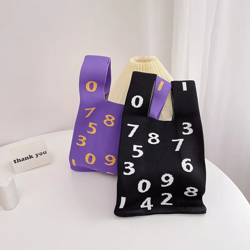 Knitting Fabric Women Handbag Coloured Numbers Design Eco Small Shopping Bag Decoration Purses Tote For Ladies Keys Pouch