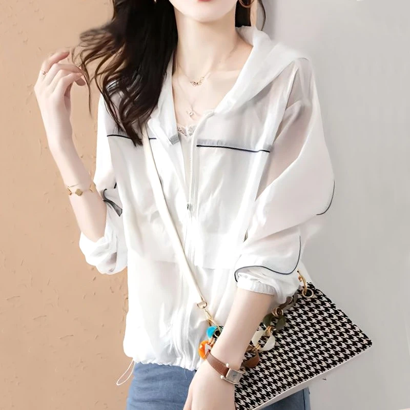 Casual Solid Color Blouses Fashion Loose Hooded Zipper Simplicity Pockets Drawstring Patchwork Spring Summer Women's Clothing