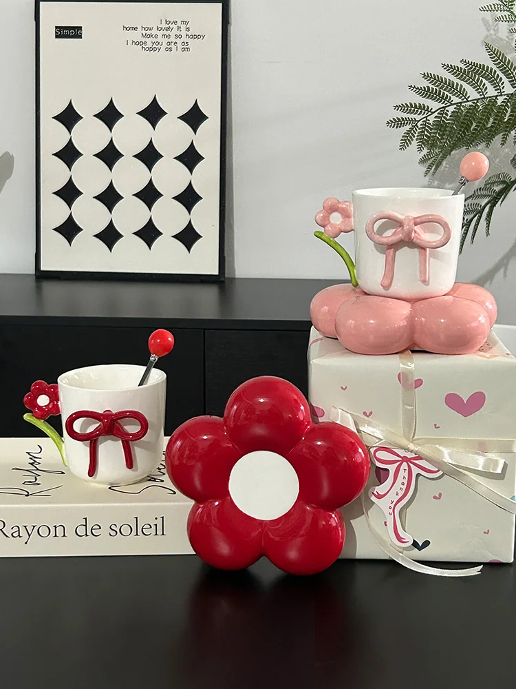 Creative Bow Ceramic Mug Home Flower Coffee Cup Saucer