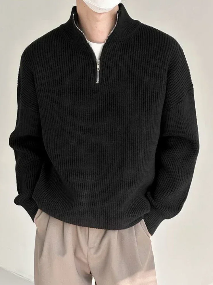 thumbnail image 1 of Ropa para hombre Jersey de punto con cremallera negra Suéter con cremallera para hombre Chaqueta con cuello Nuevo en primavera cálida Otoño Cuello de algodón Barato, 1 of 5