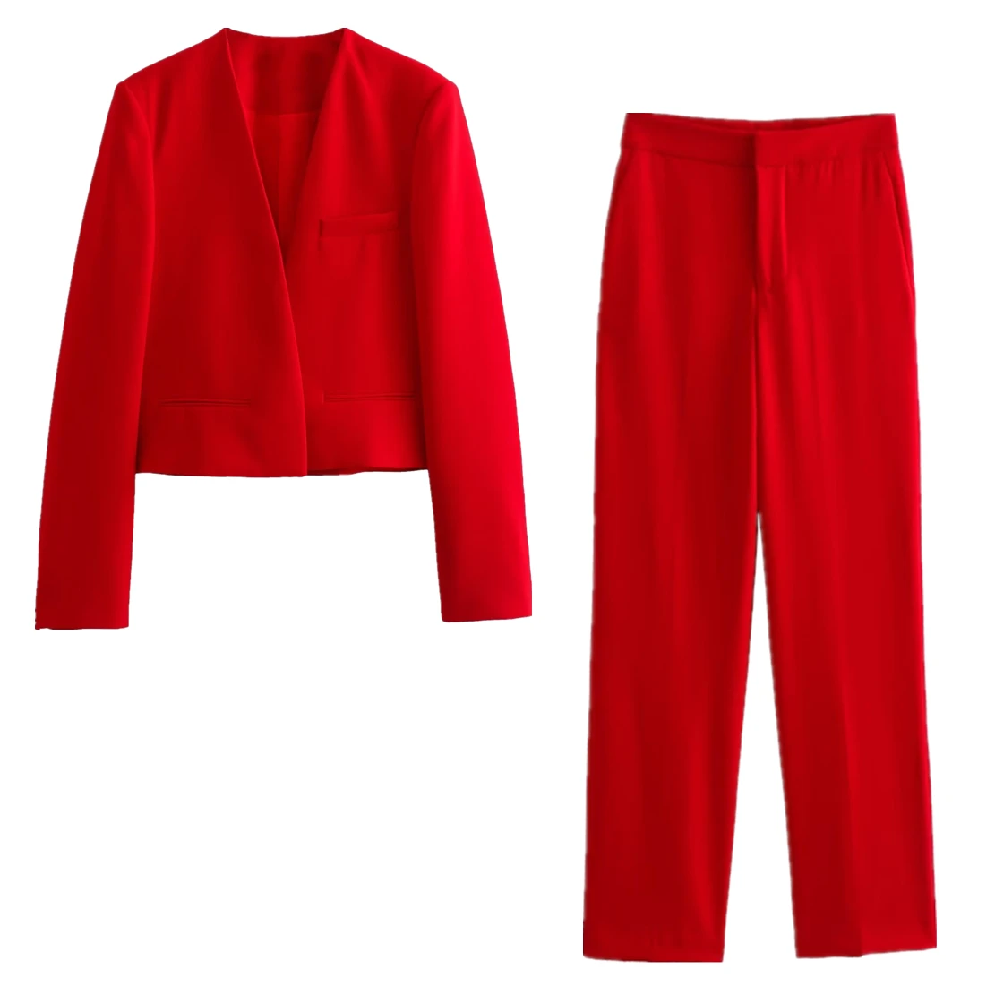 Dave&Di  French Fashion Ladies Elegant Red Suit Party Retro Short High Waist Blazer Straight Leg Pants Suit For Women