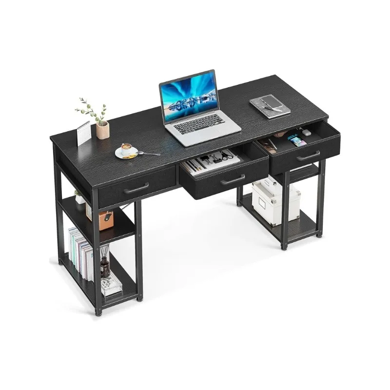 

Vanity Desk with Fabric Drawers & Storage Shelves, Makeup Dressing Table, Home Office Desks for Bedroom, Modern Writing Desk