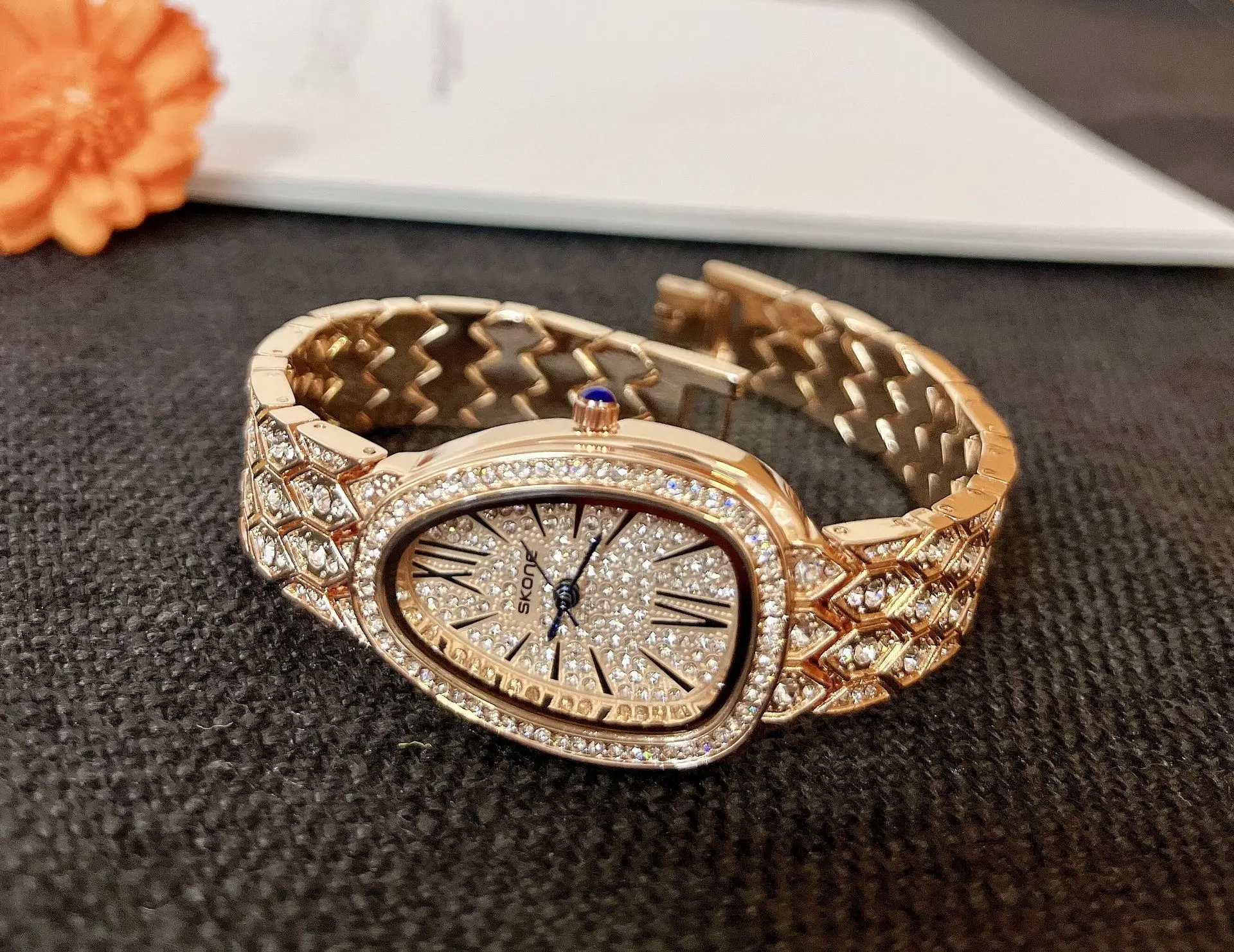 Skone Popular Light Luxury Brand Snake Full Diamond Women's Quartz Watch Classic Diamond Double Ring Versatile Alloy Watch
