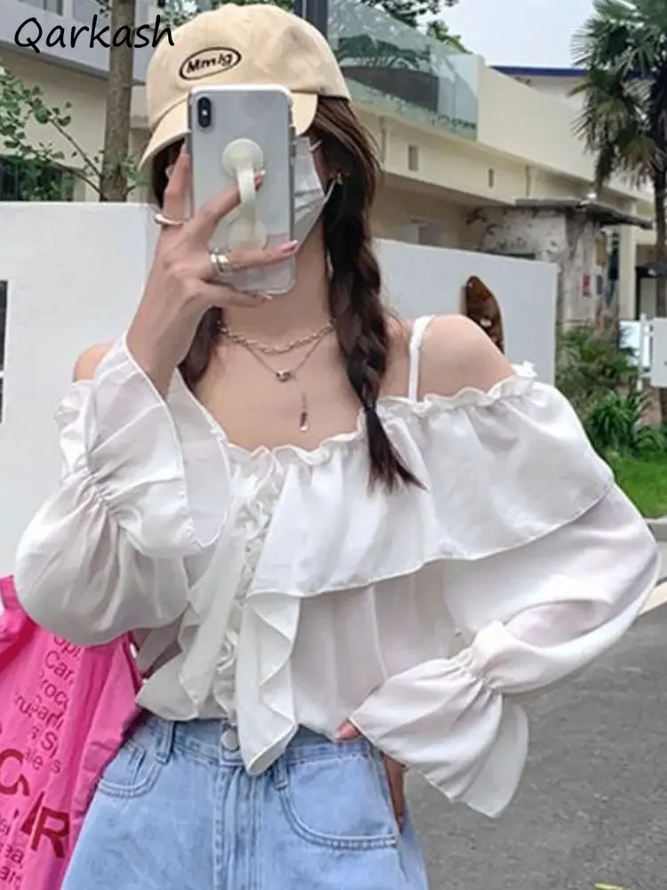 

Блузка женская с расклешенным рукавом, элегантная Весенняя пляжная в эстетическом стиле, с оборками, с открытыми плечами, с воротником-лодочкой, для студентов и отпуска