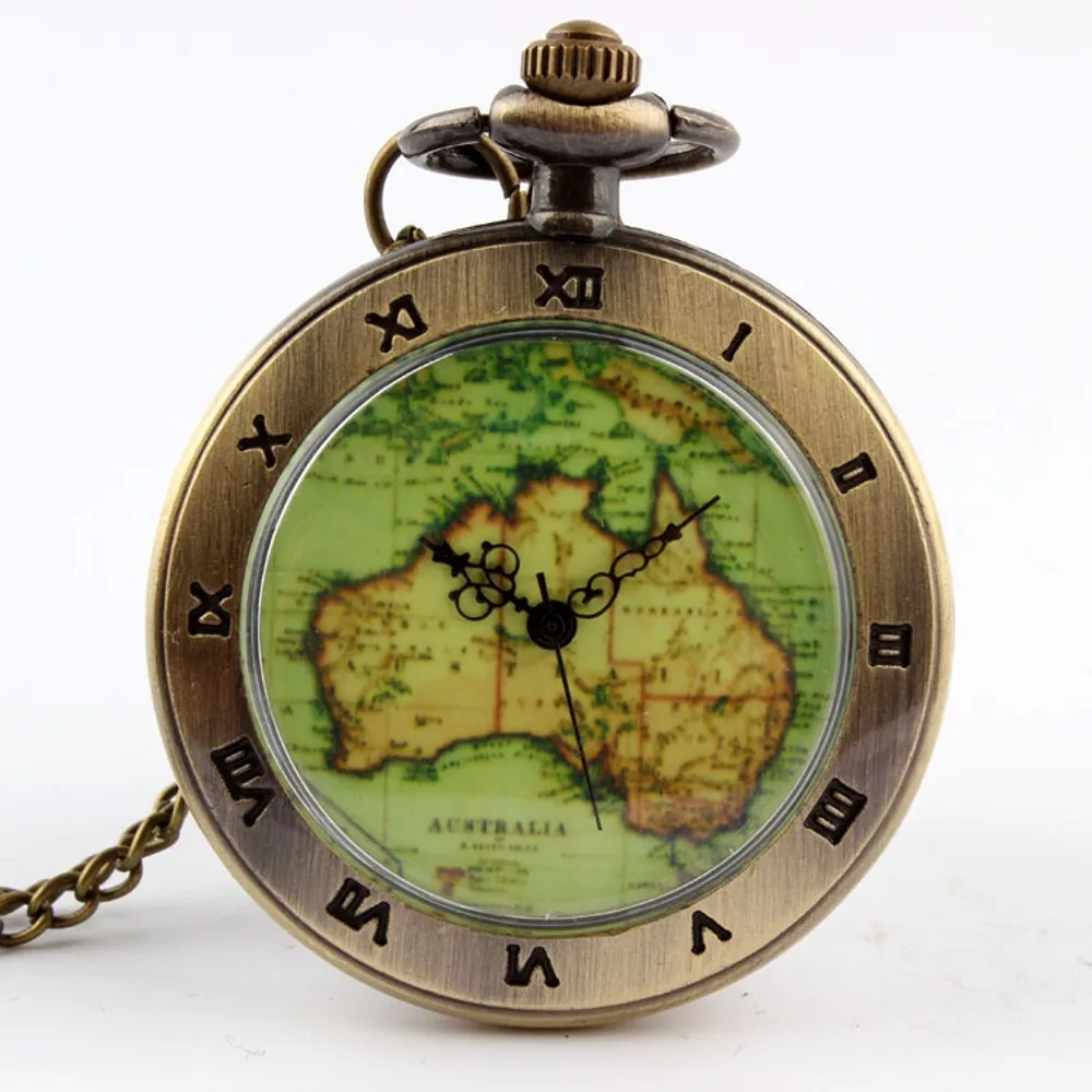 Классические ретро бронзовые карманные часы с картой мира кварцевые часы с цепочкой ожерелье Изысканный кулон подарок мужские часы подарок 2023