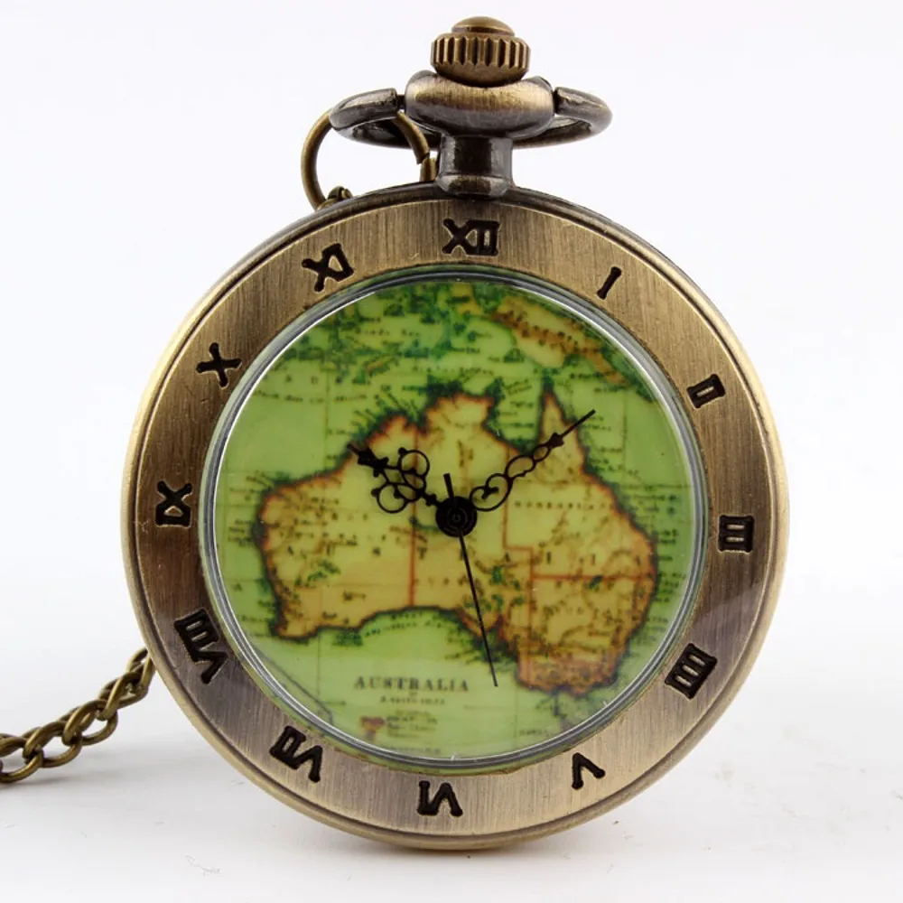 

Classic Retro Bronze World Map Quartz Pocket Watch with Necklace Chain Exquisite Pendant Gift Men's Clock Gift 2023