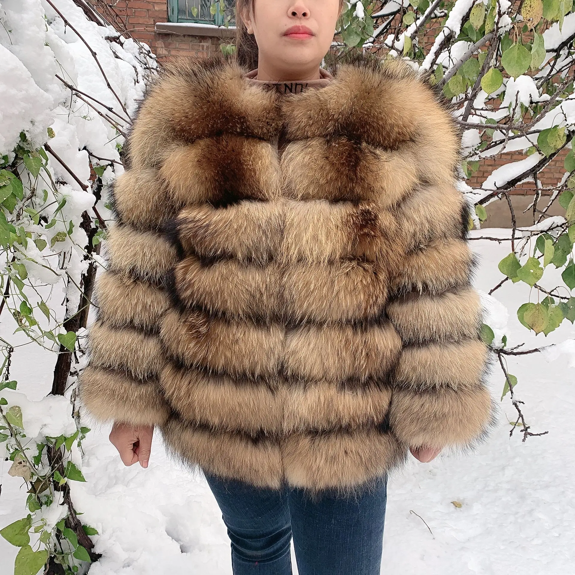 Women Winter Warm Real Fur Coat Raccoon Fur Fashion Long 70cm Natural Real Raccoon Fur Coat Ladies Real Fox Fur Coat High Qualit