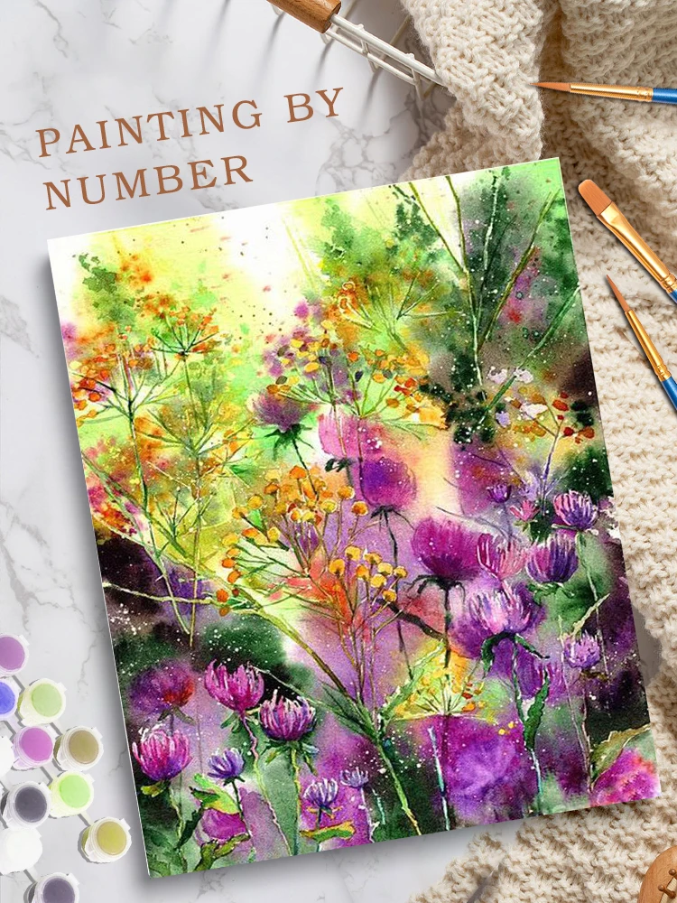 CHENISTORY Oil Painting By Numbers For Adults Markers By Numbers Riverside  Pink Flowers Coloring By Numbers Wall Art Handiwork