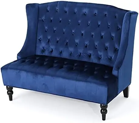 

Traditional Tufted Velvet Wingback Loveseat, Navy Blue / Dark Brown