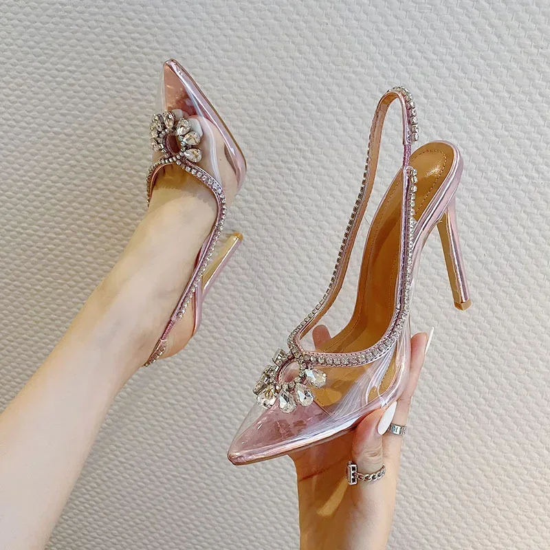 Fashion Baotou Sandals Women's 2024 New Summer Water Diamond Slim Heels Women's Shoes Super High Heel Pointed Transparent Shoes