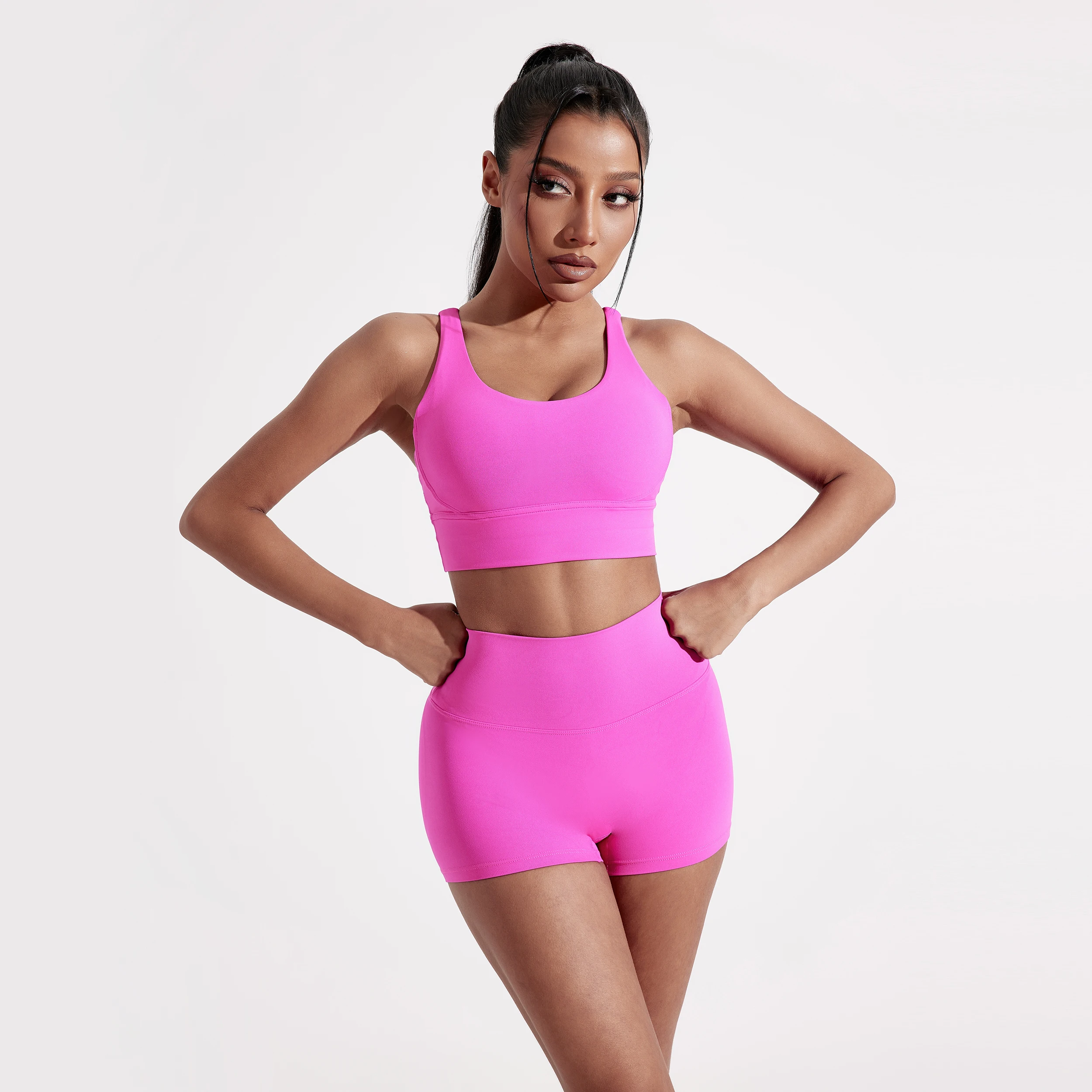Solid Color High impact shockproof Cross Back Sport Bra Gym Bike Yoga Set Short Legging + Athletic Women Gym Suit training wear