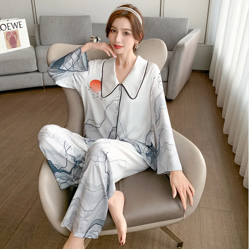 

Pajamas Set Women Spring Summer Ice Silk Long Sleeves French Lapel Print Suit Tik Tok Internet Celebrity Home Clothes Nightwear