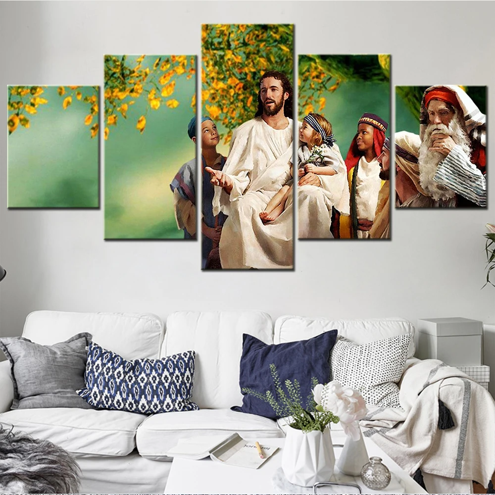 

5 Pieces Canvas Wall Arts Poster Painting Christian Jesus And Children Wallpaper Home Decor Living Room Picture Print Mural