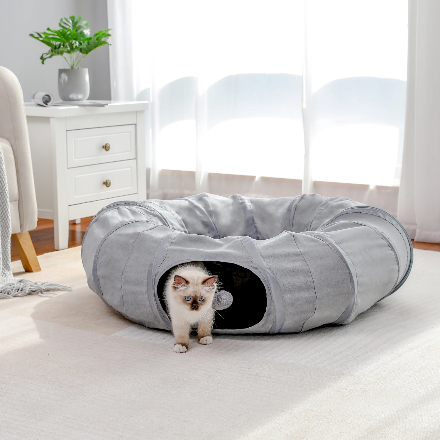 

Gray Cat Toy Foldable Crossing Tunnel Long Nest Cat Bed Environmentally Educational Pet Toy Round Suede Breathable Cat Bed