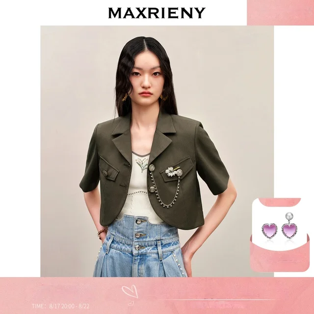 [쇼핑몰과 같은 스타일] Maxrieny 복고풍 군사 바람 컷 짧은 코트 2023 가을 새로운 프로필 겉옷 여성