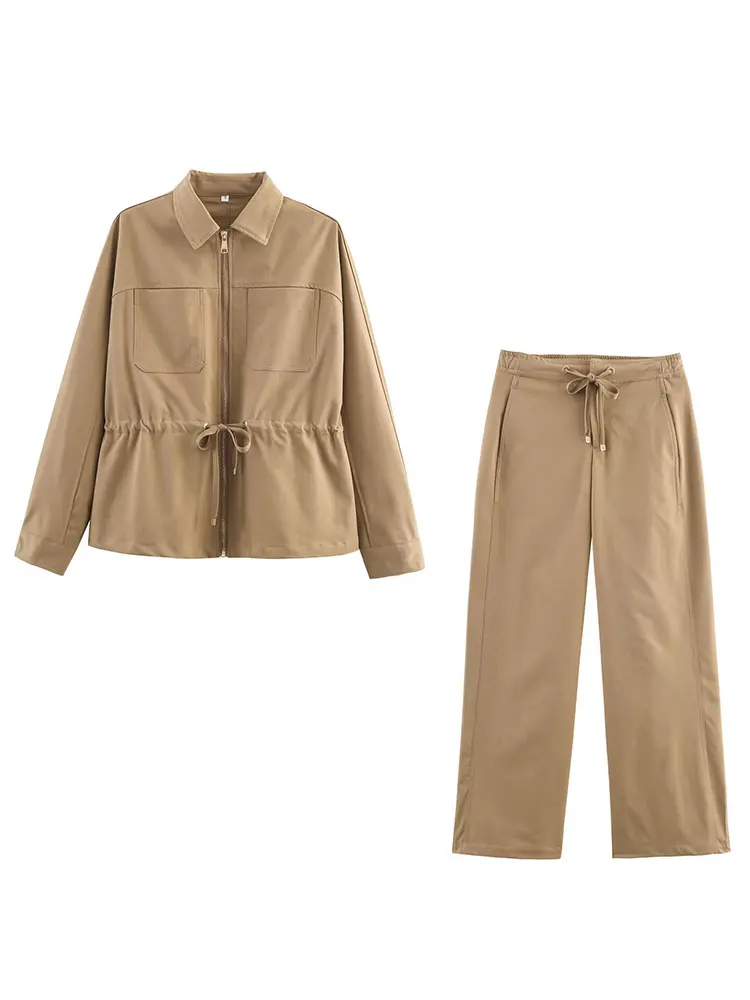 HH Women Elegant Fashion Solid Pants Sets Adjustable Belts Coat Long Sleeve Zipper Jacket Drawstring Trousers Office Lady Suits