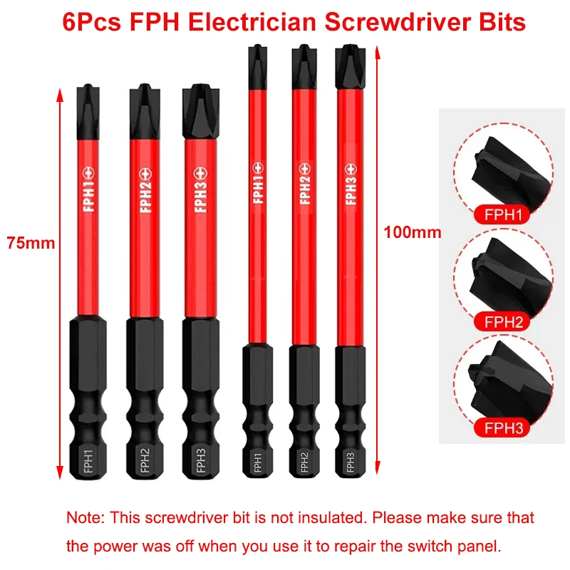 Electrician Screwdriver Bits 75mm 100mm FPH1 FPH2 FPH3 Cross Slotted Screwdriver Set for Air Switch Panels 65 150mm special magnetism cross screwdriver bits fph1 fph2 fph3 nutdrivers for socket switch power tools for electrician