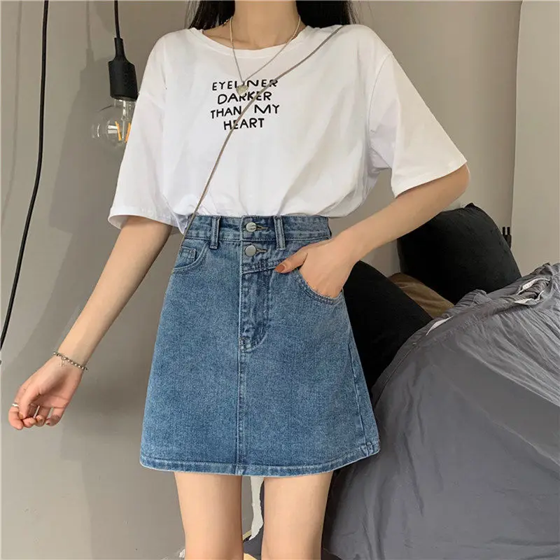 sequin skirt Ailegogo Spring Summer Women Solid Color A-line Washed Retro Denim Short Skirts Streetwear Female Vintage Blue Ins Jeans Skirt ruffle skirt Skirts