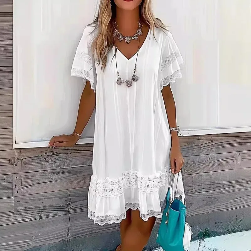 

Белые шифоновые платья в стиле бохо для женщин, летнее праздничное пляжное свободное платье с V-образным вырезом и крючком для отдыха, женское платье средней длины, трапециевидный Топ