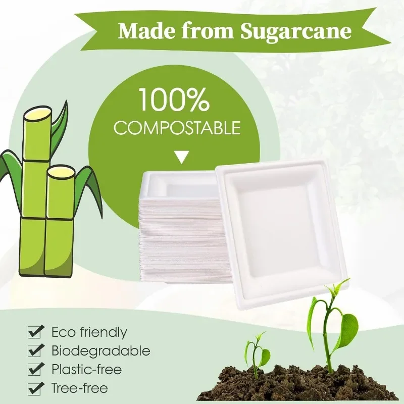 Square Paper Plates, 300 Pack Compostable Heavy Duty Biodegradable Paper Plates, Made from Sugarcane, Eco Friendly White
