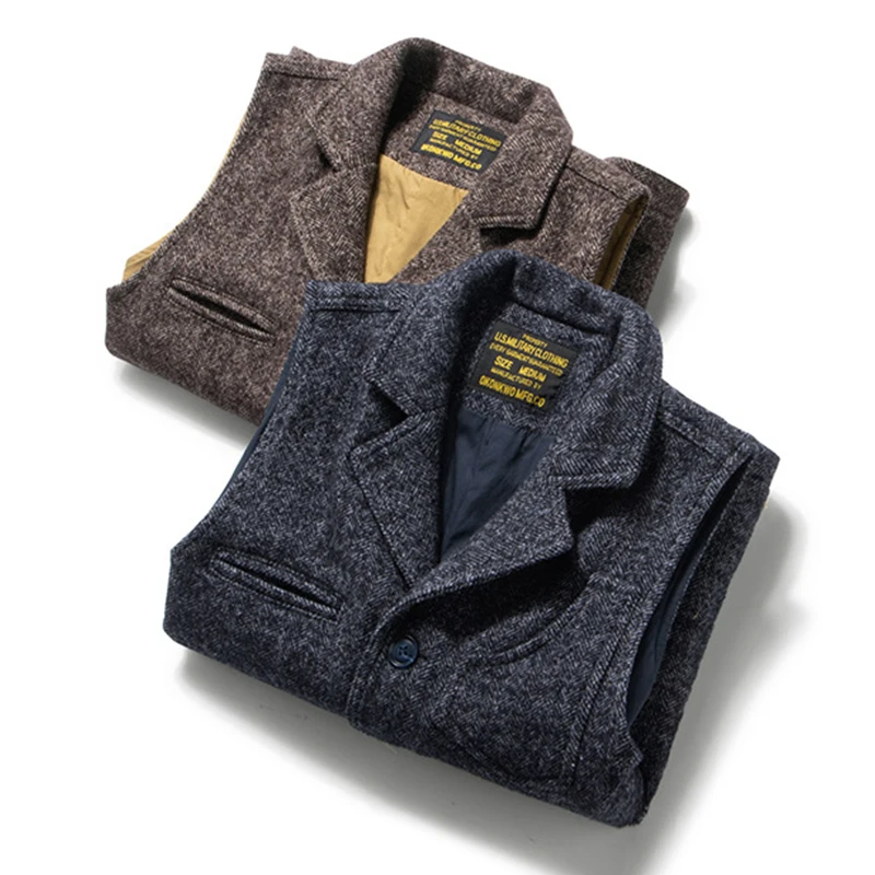 Amekaji Vintage Wool Waistcoat Men Winter New British Lapel Thick Double Layer Multi-pocket Suit Collar Vest Retro Cardigan Vest 3