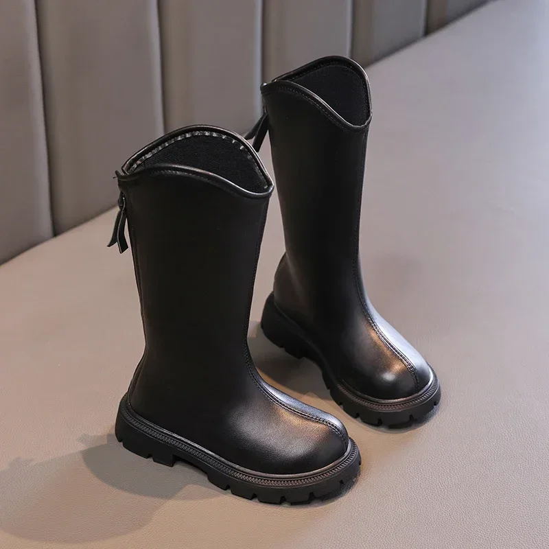 2024 Children High Boots for Girls Autumn Winter New Fashion Korean Style Anti-slippery Keep Warm Versatile Chic Leather Shoes 4