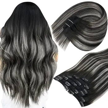 Full Shine Clip In Hair Extensions Black Balayage Silver 7Pcs Real Human Hair Natural Hair Double Weft Straight 120G 1