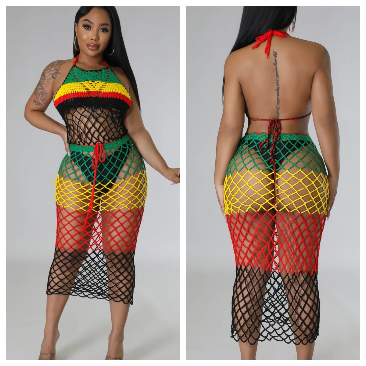 

Sexy Summer Women Swimwear Cover-Ups Y2K Color Contrast Striped Cut Out Backless Casual Sleeveless Slit Knit Beach Maxi Dress