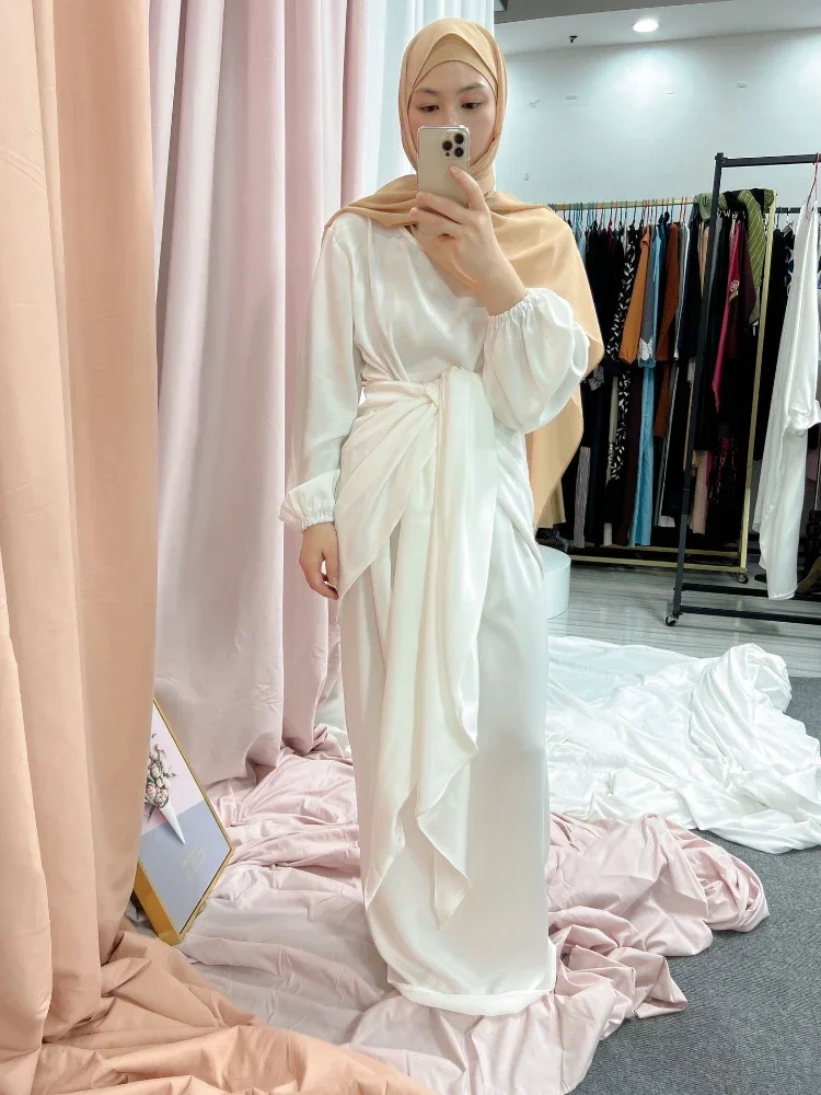 Ramadan 2 Piece Set Under Abaya Satin Dress with Wrap Skirt Arabic Long Hijab Dresses for Muslim Women Dubai Islamic Clothing