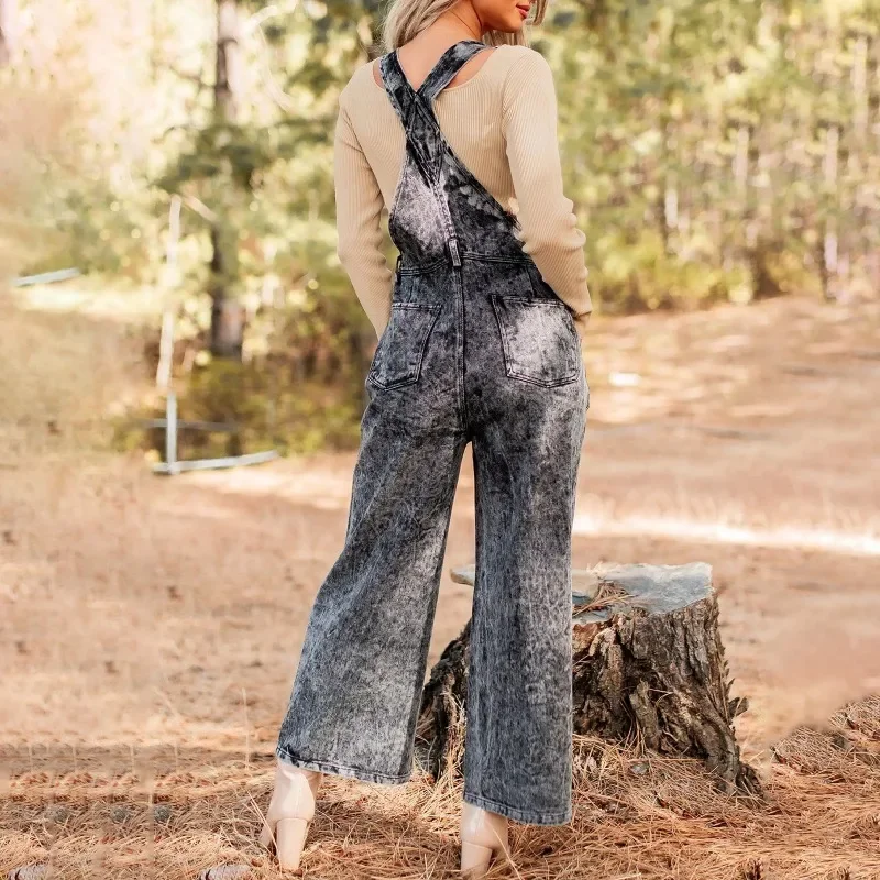 2024 New Fashion Women's Denim Retro Sleeveless Wide Leg Jumpsuit Casual Loose Pants with Pockets and Shoulder Straps YDL26